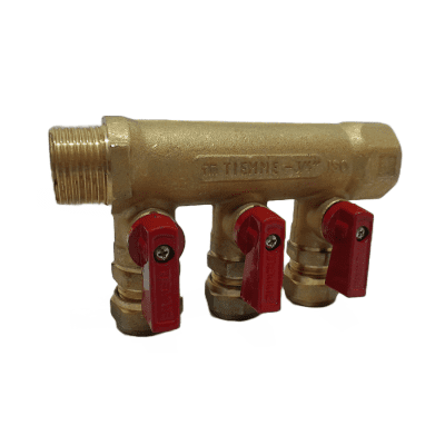 CONECTOR BRONCE DISTRIBUCION 3/4 H-M/NPT 3 SALIDAS 15 MM PRESION VALVULA ROJA